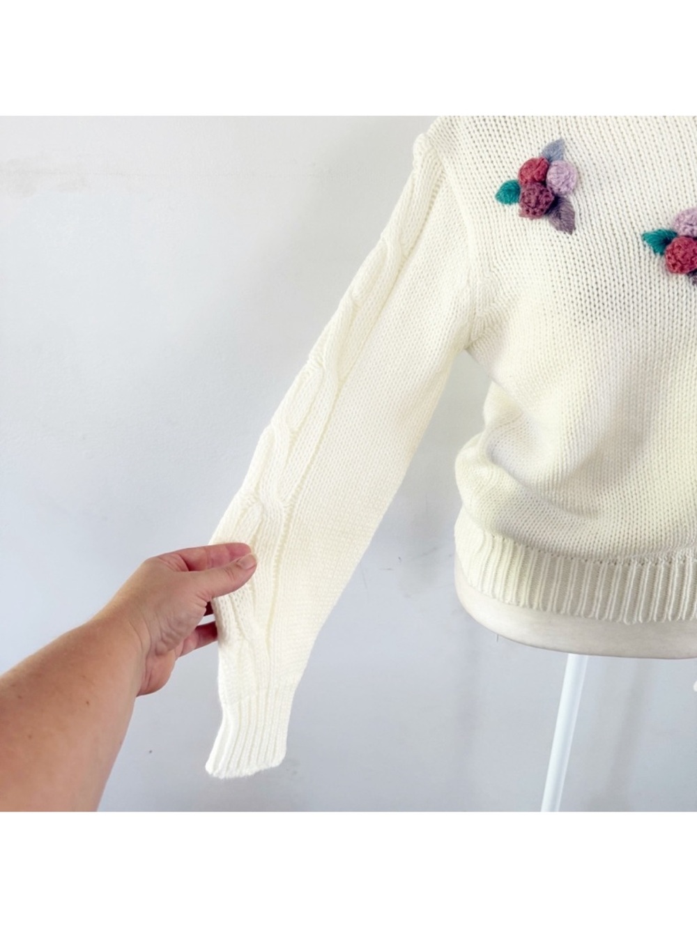 Vintage Women Bobble Floral Cable Knit Sweater Large Cottagecore Prairie Granny - Picture 3 of 6
